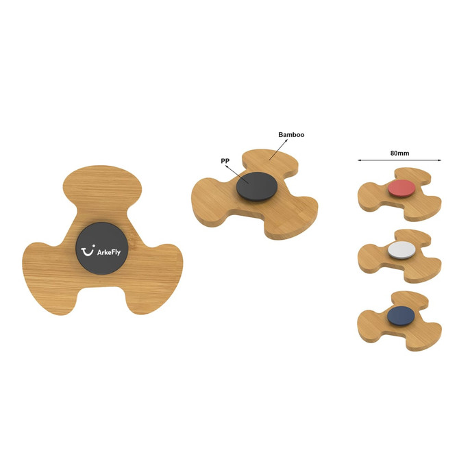 A bamboo stress reliever in a unique three-pronged shape, featuring a central black logo and available in multiple colours.
