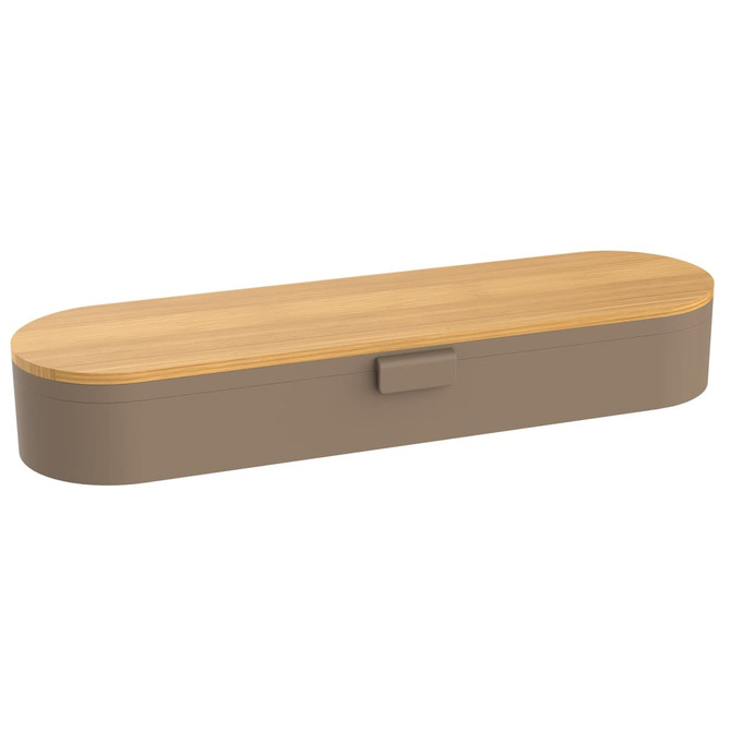 A cutlery set case in earthy brown with a bamboo lid, featuring a simple design and a clasp closure.