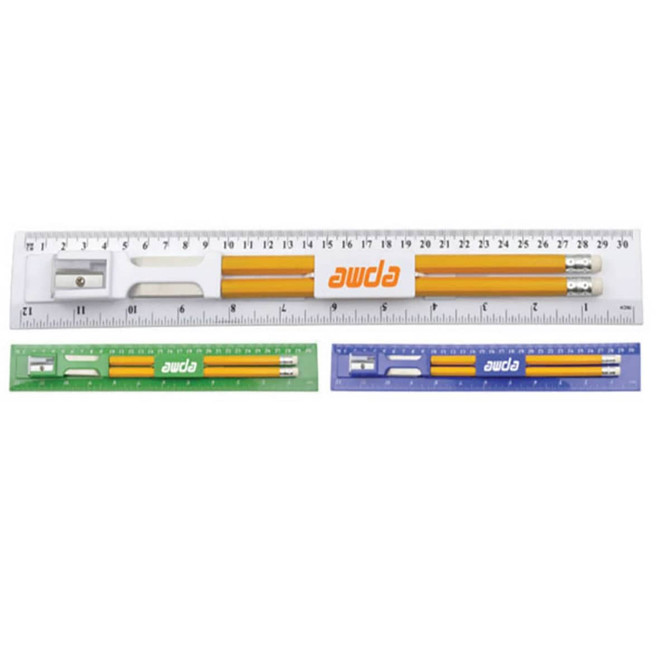 A 30cm ruler set featuring three rulers in clear, green, and purple, with a pencil and sharpening tool included.