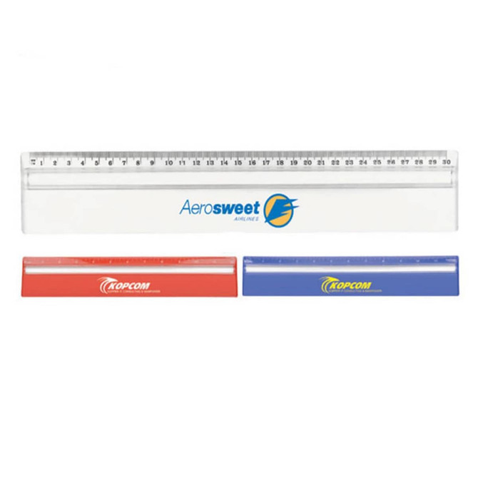 A transparent 30cm ruler in white with red and blue rulers below it, featuring various logos.