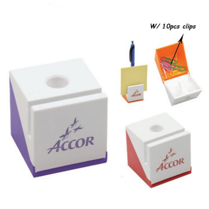 A pen holder with a clip in white and purple, featuring a logo, alongside clips and paper items.