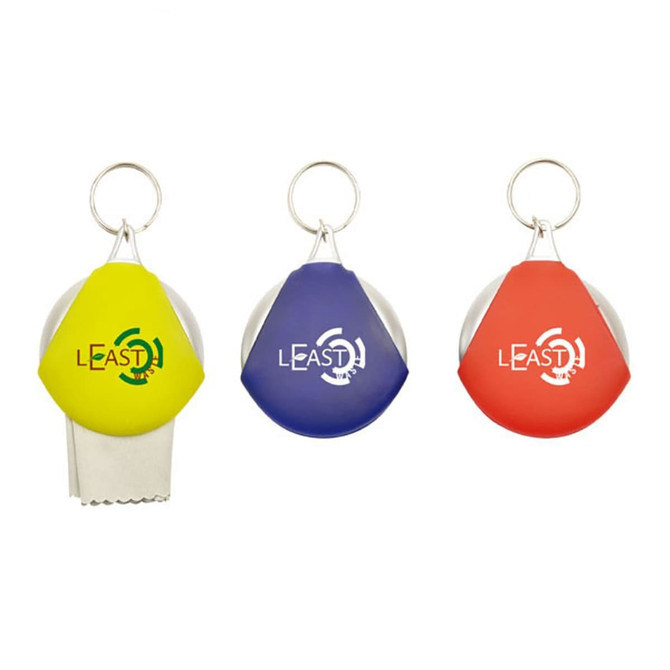 A set of three round glasses cleaners in yellow, blue, and red, each with a keyring attachment and a logo.