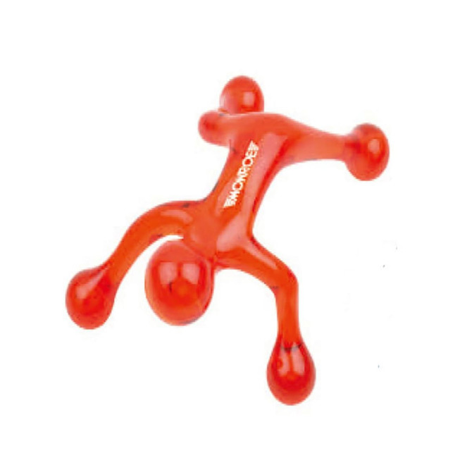 A red massager with various rounded sections, featuring a brand logo. The design is playful and ergonomic.