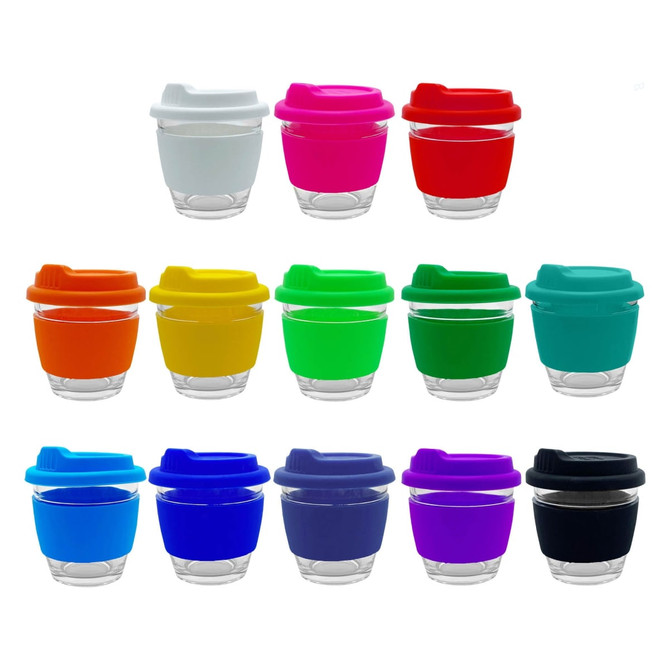 A collection of reusable coffee cups in various colours including white, pink, red, orange, yellow, green, teal, blue, and purple, with transparent bases and coloured lids.