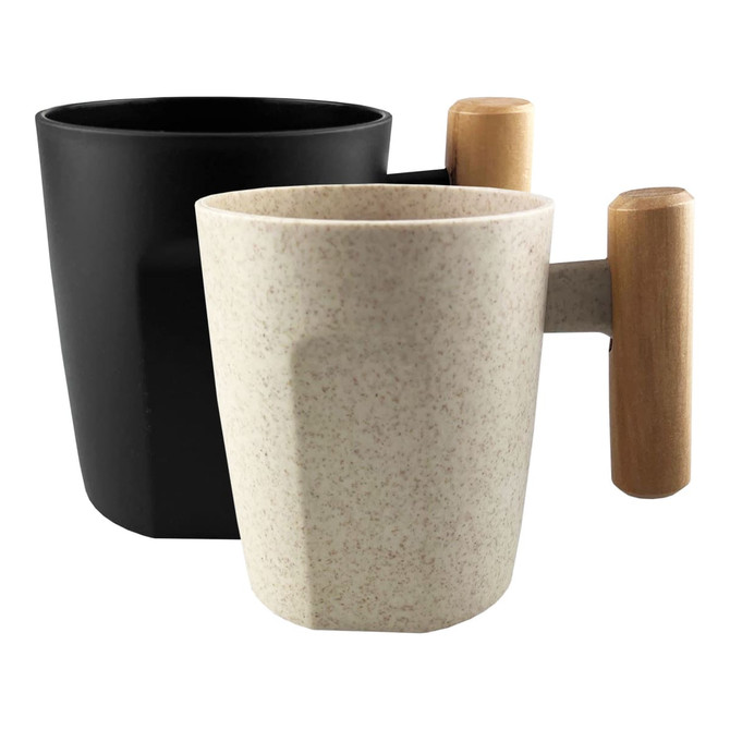 A reusable coffee cup in black and a speckled light cream, featuring a wooden handle. Includes branding.