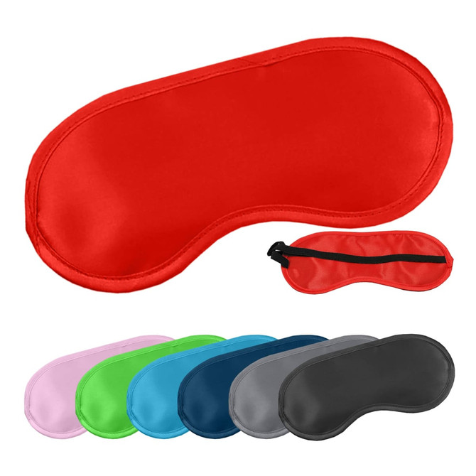 A red satin sleep eye mask surrounded by various coloured masks in pink, green, blue, and grey. The image includes a logo.