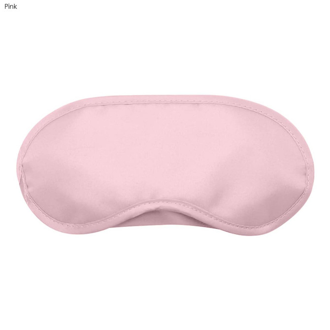 A pink sleep eye mask with a smooth surface and contoured shape, featuring a logo.