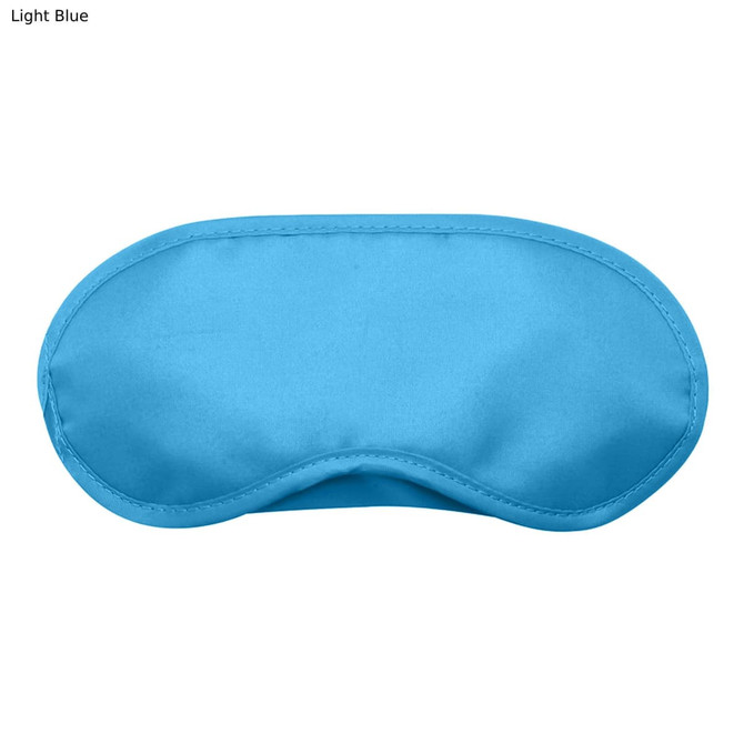 A light blue sleep eye mask with a smooth texture and curved shape, featuring a logo.