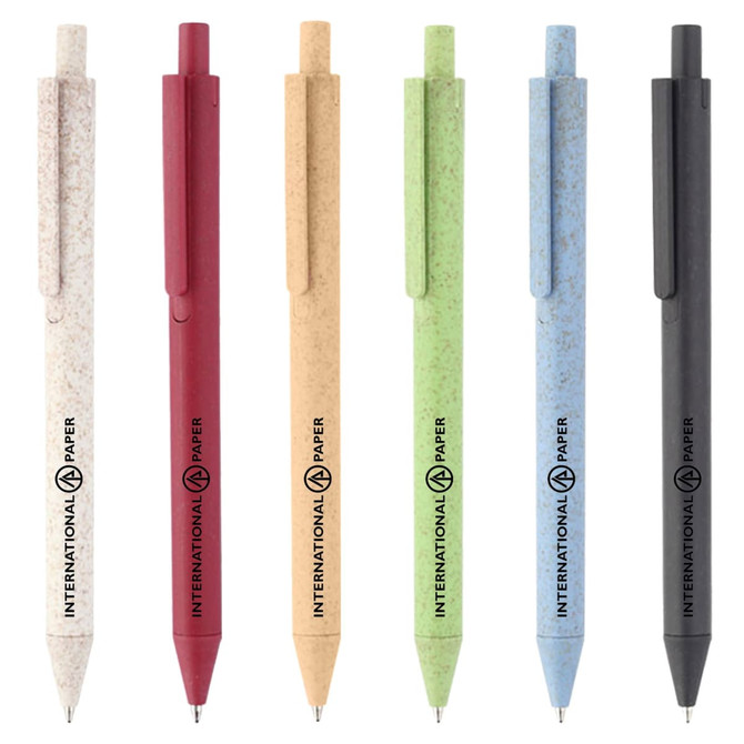 A selection of eco-friendly plastic pens in red, beige, green, blue, and black, featuring a logo.