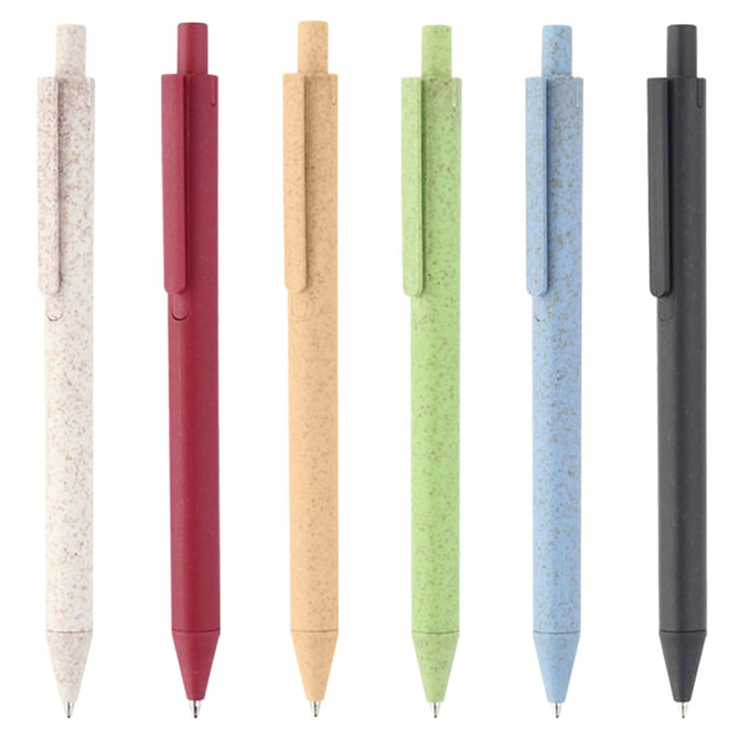 A set of six eco-friendly pens in white, red, beige, green, blue, and black, featuring various colours and a logo.