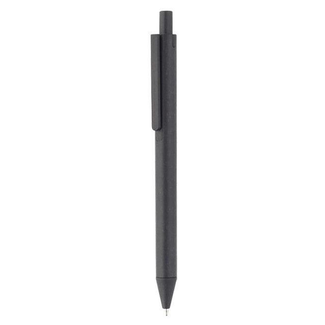 A black plastic pen with a clip and a fine tip, featuring a logo on its body.