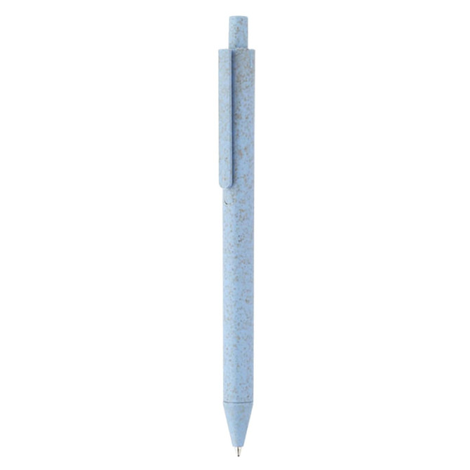 A light blue eco-friendly plastic pen with a clip and a logo. Designed for writing and promotional use.