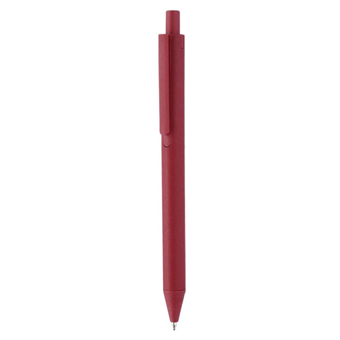 A red eco-friendly pen with a clip design and a subtle finish. It features a branding logo.