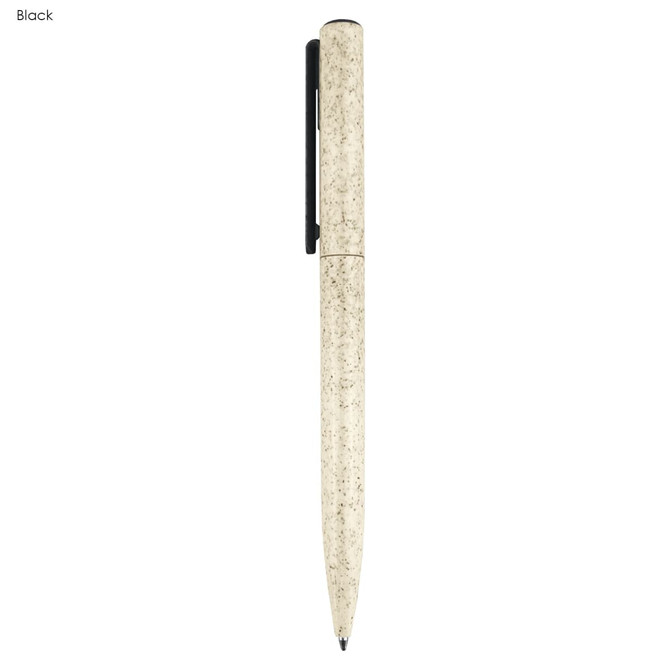 A pen in a cream shade with a textured surface and a black clip, featuring a logo on its side.