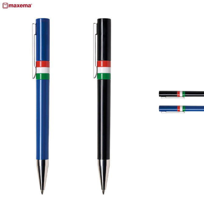 Two plastic pens in blue and black, featuring a logo and decorative stripes in green, white, and red.