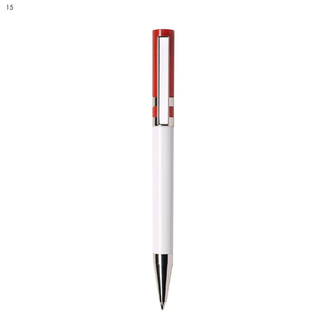 A plastic pen with a white body and red accents, featuring a silver clip and tip, and a logo on the surface.