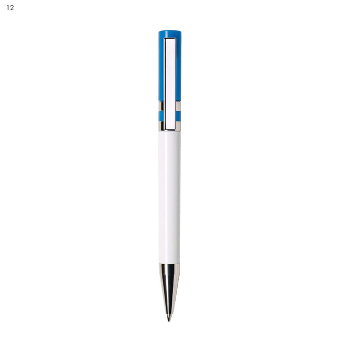 A white plastic pen with a blue top and a metallic clip. The pen has a simple design and features a logo.