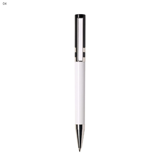 A plastic pen in white with black and silver accents, featuring a logo on the body.