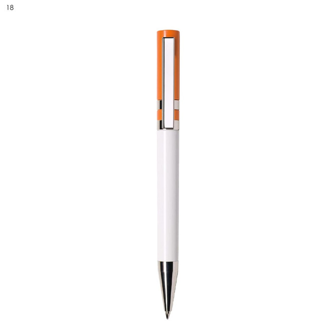 A plastic pen with a white body and an orange top, featuring a chrome clip and tip, along with a logo.