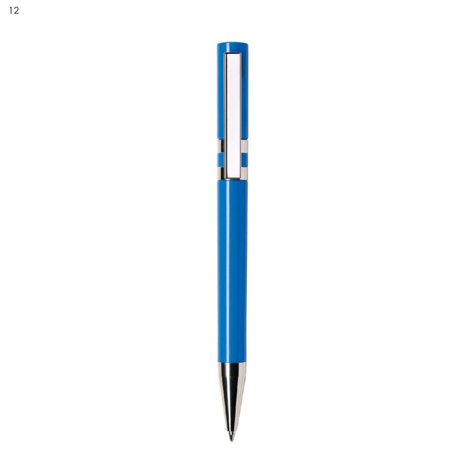 A blue plastic pen with a silver clip and tip, featuring a sleek design and a logo.