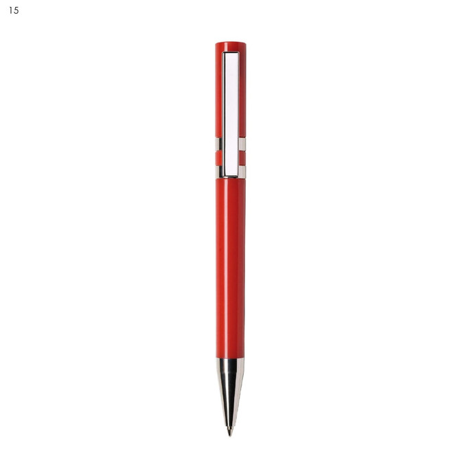 A red plastic pen with a silver clip and accents. The pen has a sleek design and features a logo.