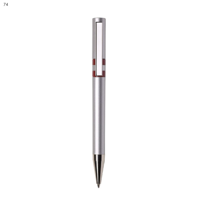 A plastic pen in silver with red accents and a shiny silver clip, featuring a logo on the barrel.