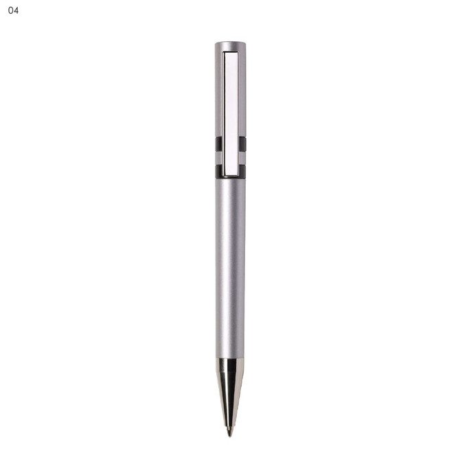 A silver plastic pen with a sleek design and a branding logo on the barrel.
