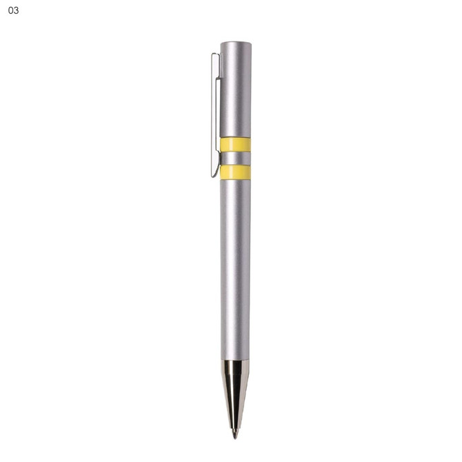 A silver plastic pen with yellow accents and a clip, featuring a sleek design and a simple logo.