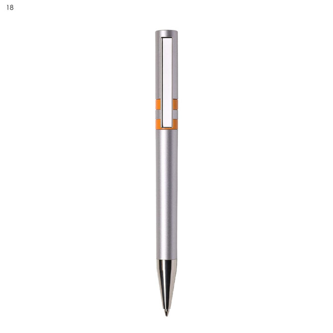 A silver plastic pen with an orange accent and a sleek design. It features a branding logo on the upper section.