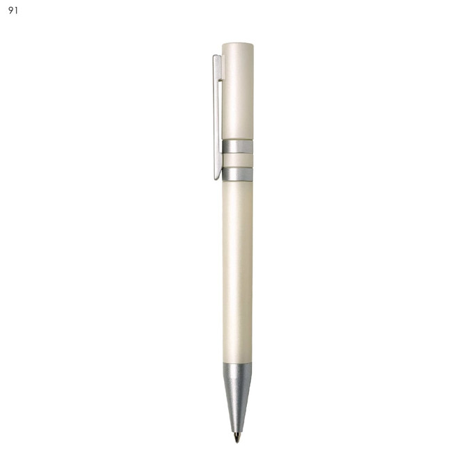 A plastic pen in cream and silver. The pen features a metallic clip and a sleek design.