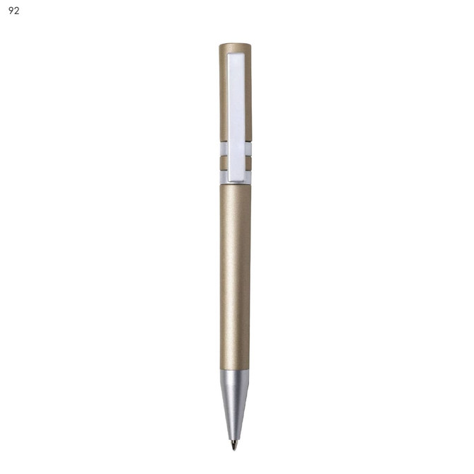 A gold and silver plastic pen with a sleek design, featuring a clip and a glossy finish.