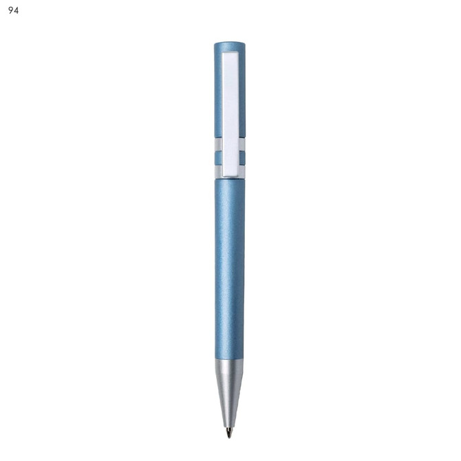 A plastic pen in a light blue shade with a silver clip and a branding logo on the body.