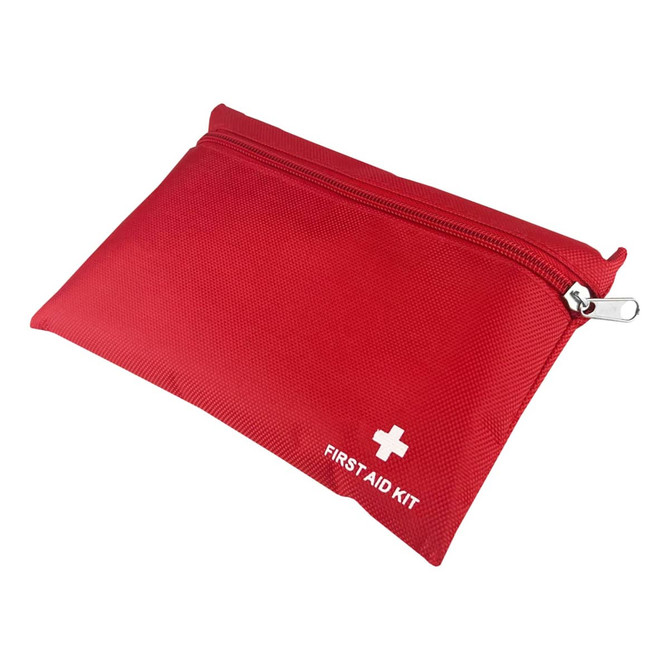 A red pouch featuring a zipper and a white cross logo, labelled as "FIRST AID KIT".
