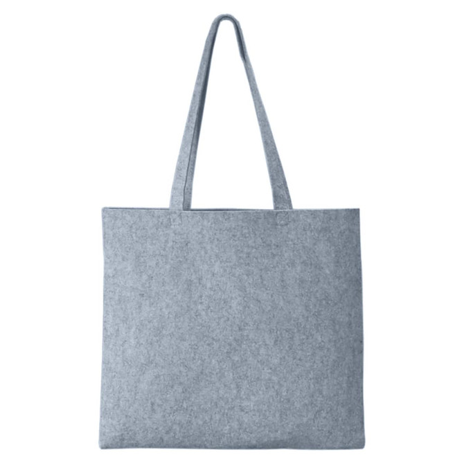 A grey tote bag with two long handles and a simple design, featuring a branding logo.