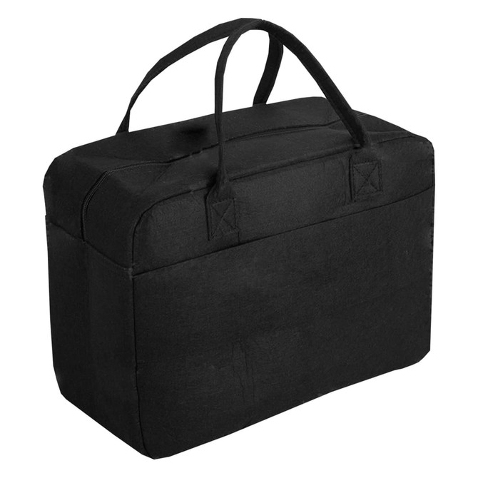 A black felt travel bag with two handles and a structured design. It features a simple, rectangular shape.