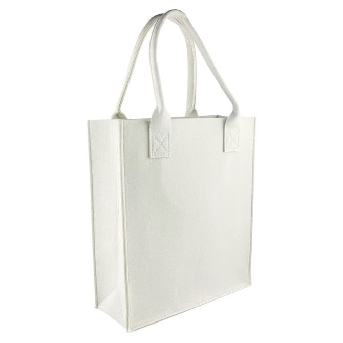 A white tote bag with sturdy handles and a square silhouette, featuring a logo on one side.