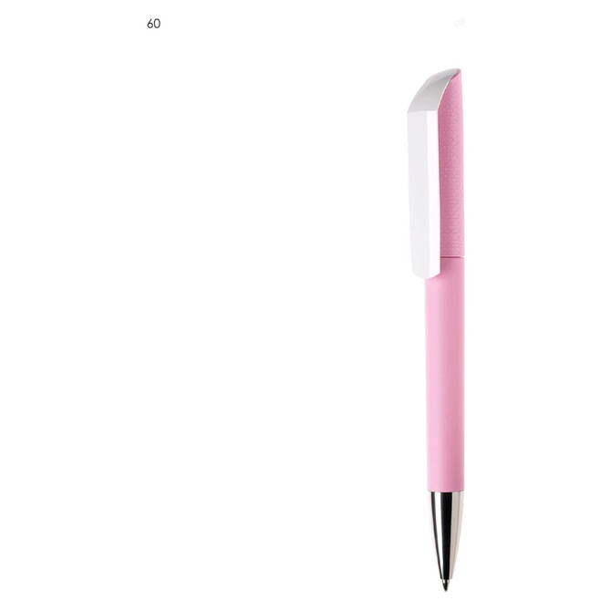A pink plastic pen with a white clip and a shiny silver tip, featuring a logo on the side.