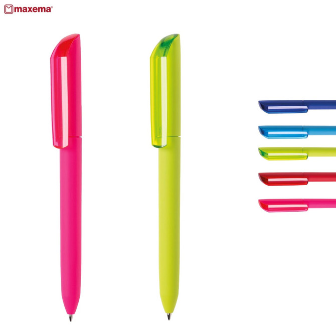Two plastic pens in bright pink and neon green, with additional ink refill options in blue, pink, and green. Each pen has a logo.