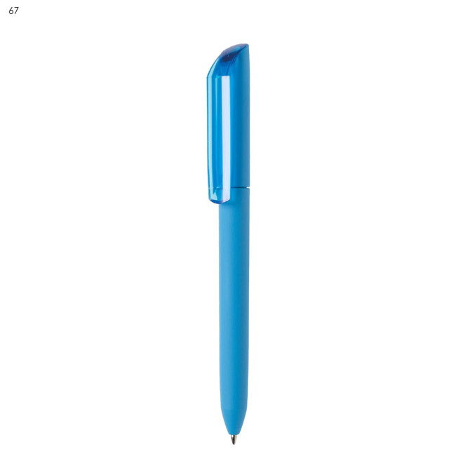 A blue plastic pen with a sleek design and a cap, featuring a logo on the barrel.