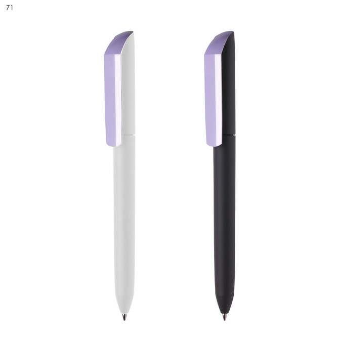 A set of Flow F2 P-GOM plastic pens in white and black with a purple accent and a logo on each pen.