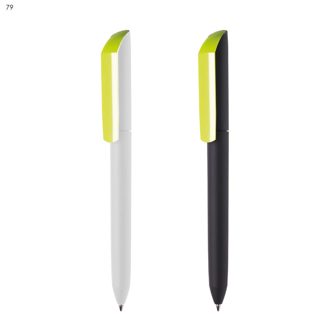 Two plastic pens: one white with a bright green cap and one black with a matching green cap. Both feature a logo.