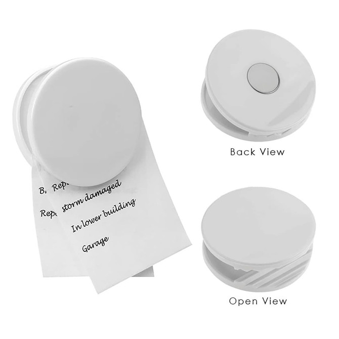 A round white fridge magnet clip featuring an open view, back view, and a note attached. It has a logo on it.