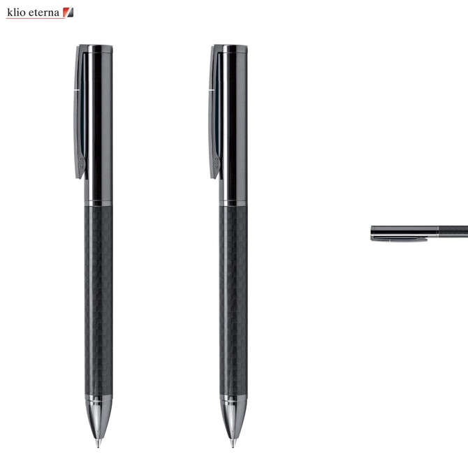 A grey-lead pencil with a carbon fibre design, featuring a silver clip and branding.