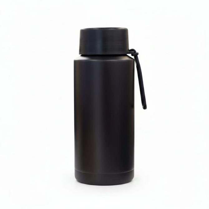 A drink bottle in matte black with a screw top and a strap, featuring a minimalistic design.