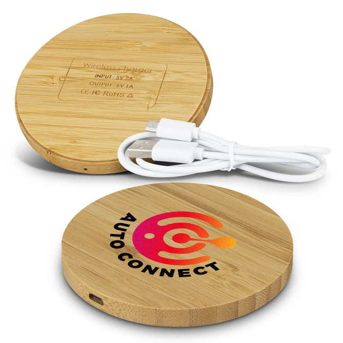 A round bamboo wireless charger in natural colour, featuring a logo and accompanied by a charging cable.