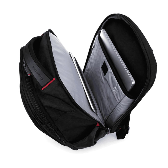A black backpack with internal compartments for a laptop and additional storage, featuring a logo on the exterior.