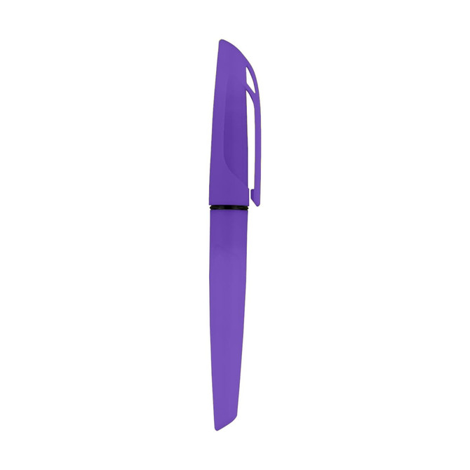 A purple pen highlighter with a sleek design and a clip, featuring a logo on its body.