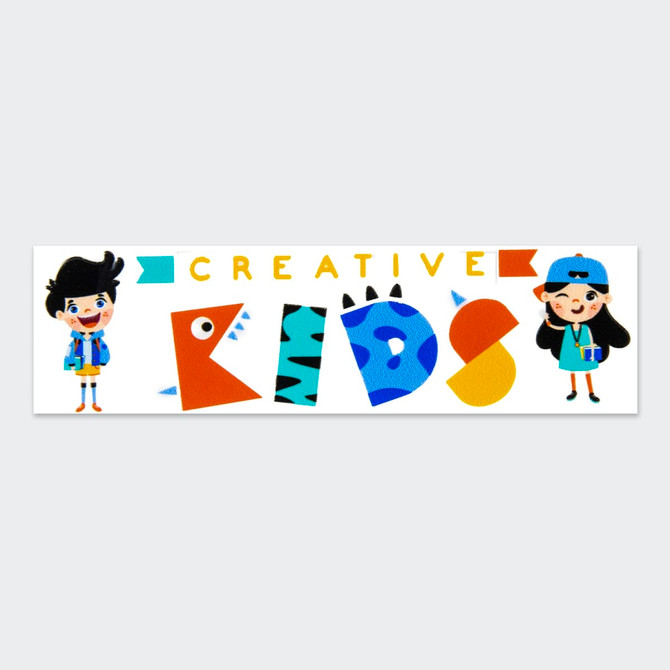 A vibrant sticker featuring playful characters and bold, colourful letters spelling "Creative Kids."