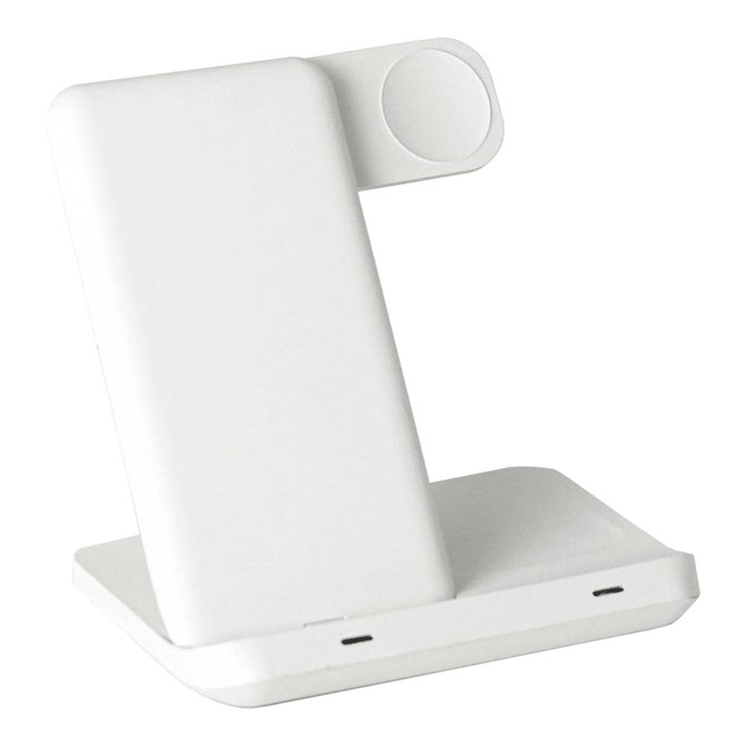 A white 3-in-1 wireless charger featuring a sleek, modern design with multiple charging surfaces and a logo.