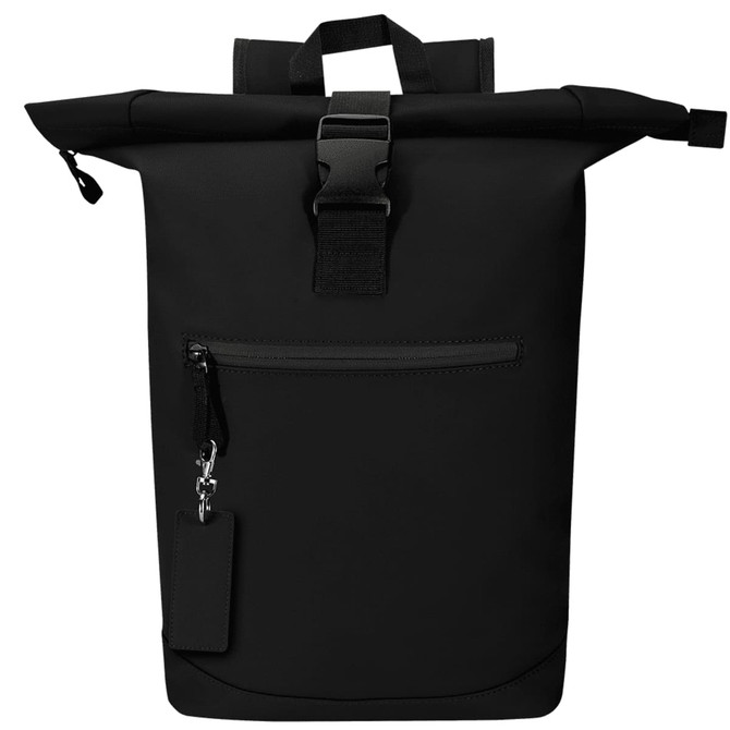 A black roll-top backpack with a front zip pocket and adjustable straps. It features a sturdy handle on top.